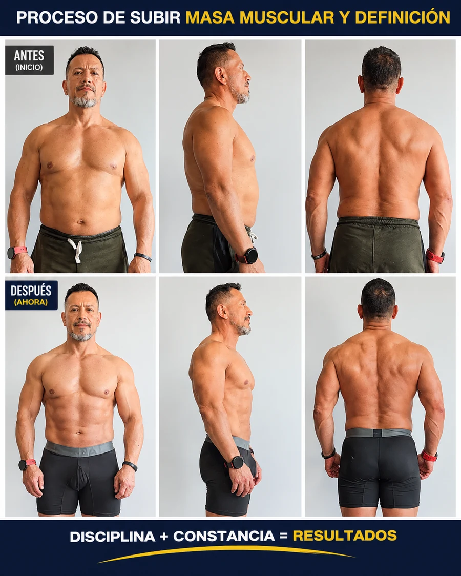 Proceso de subir masa muscular y definición antes y después