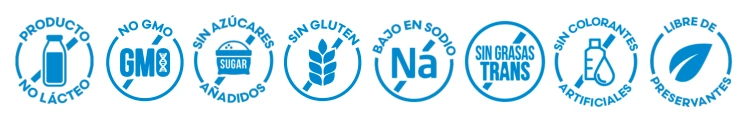 Sellos FuXion: No Lácteo, No GMO, Sin Azúcar, Sin Gluten, Bajo Sodio, Sin Grasas Trans, Sin Colorantes, Libre Preservantes
