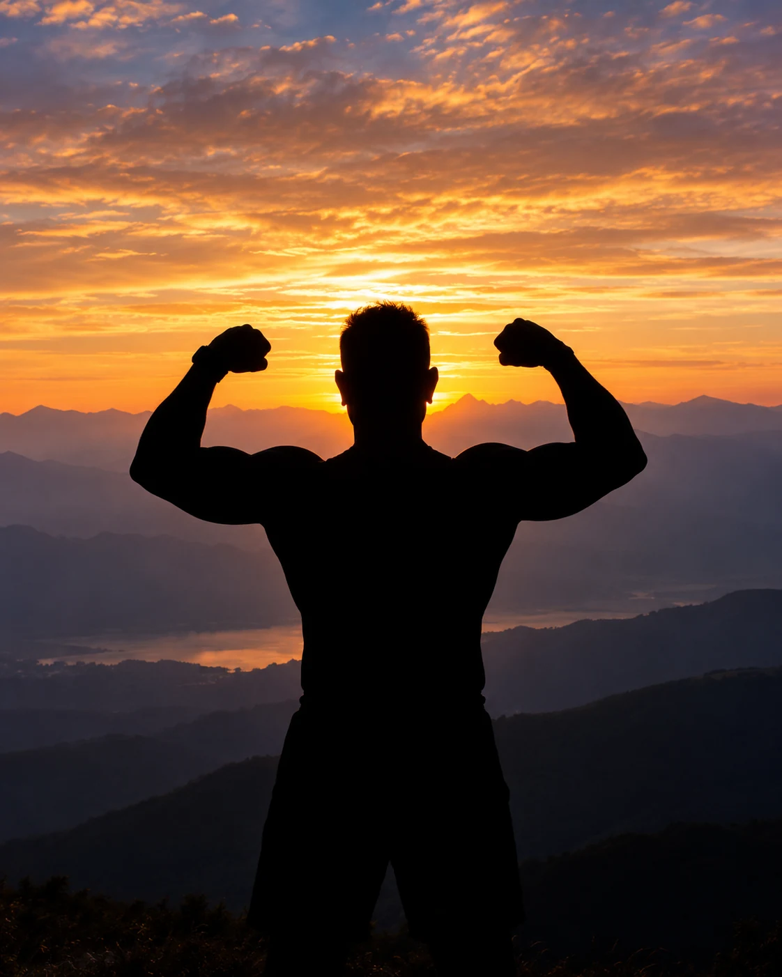 Silueta atlética de hombre mayor de 40 años alcanzando la cumbre al amanecer - FIT40+